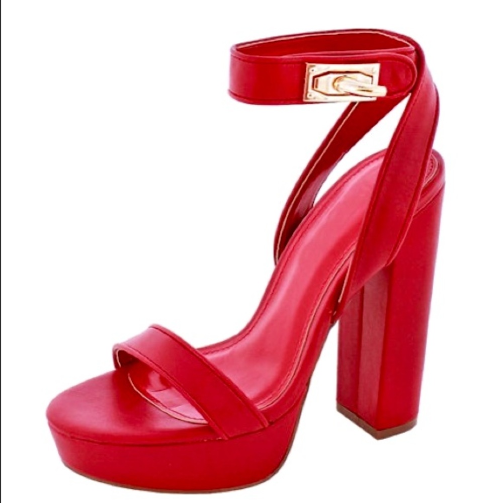 Jayda Red Platform Square Toe Chain Detail Chunky Platform Ankle Strap S…